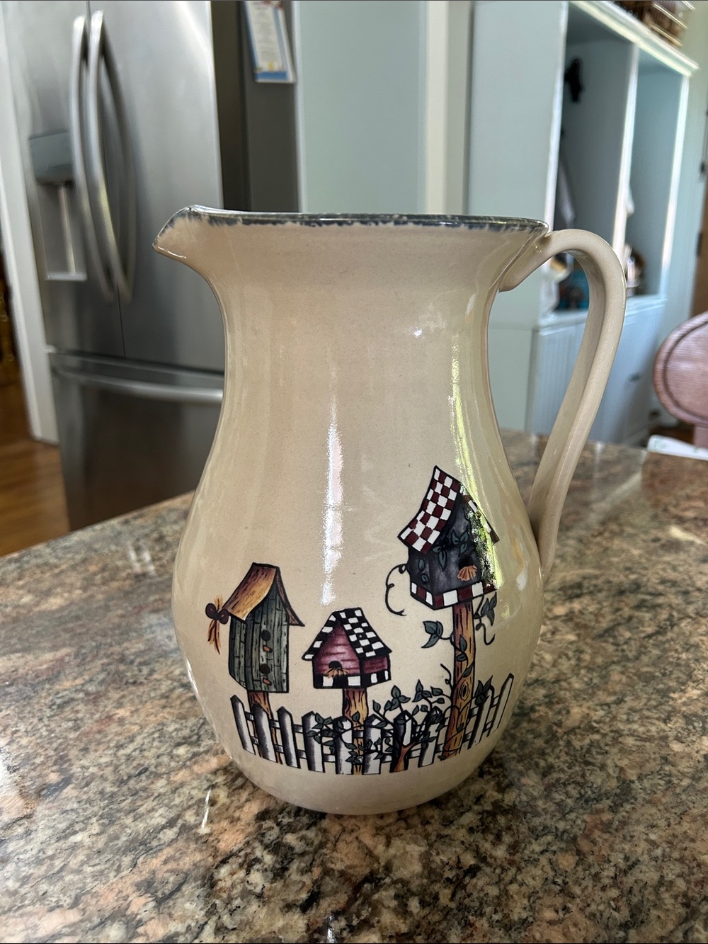 Home & Garden Party Cream Decorative Ceramic Pitcher with Birdhouse Motif